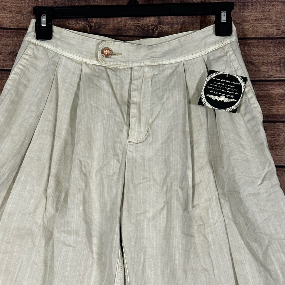 Free People Women Oatmeal Herringbone Wide Leg Pleated Trousers Pants Size 2 - Picture 2 of 12